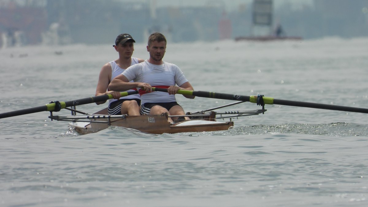 Will and Joel racing in the Senior Mens
Pair at the @btcrowing Club Regatta on Saturday. 
They took. first place. Well done guys. #rowing 
#coastalrowing #dorset #poole #poolerowingclub 
#Southampton