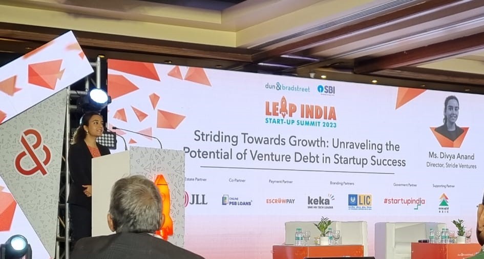 VenturesStride's tweet photo. Our Director, Divya Anand, delivered an insightful session on venture debt at the 'LEAP India Startup Summit 2023' hosted by @DNB_India 🚀
#LEAPINDIA #Startups #VentureDebt https://t.co/M2AczPW62u