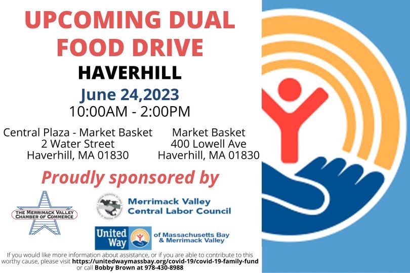 This Saturday, June 24th -- 10 AM - 2:00 PM

Dual Food Drive in Haverhill, we look forward to seeing you there!

#ChamberofCommerce #MVCC #UnitedWay #FoodDrive