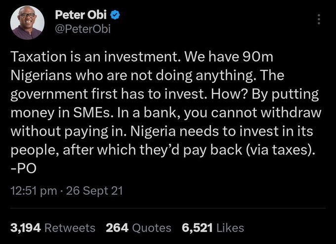 Mr Peter Obi comprehensive view on Tax 

INEC president Select view 👇🏾
Bola Amoda Tinubu

We would slow the purchasing power of the people, we can further slow down the Economy and widen the Tax net 

The difference is in the taste and the taste is the difference