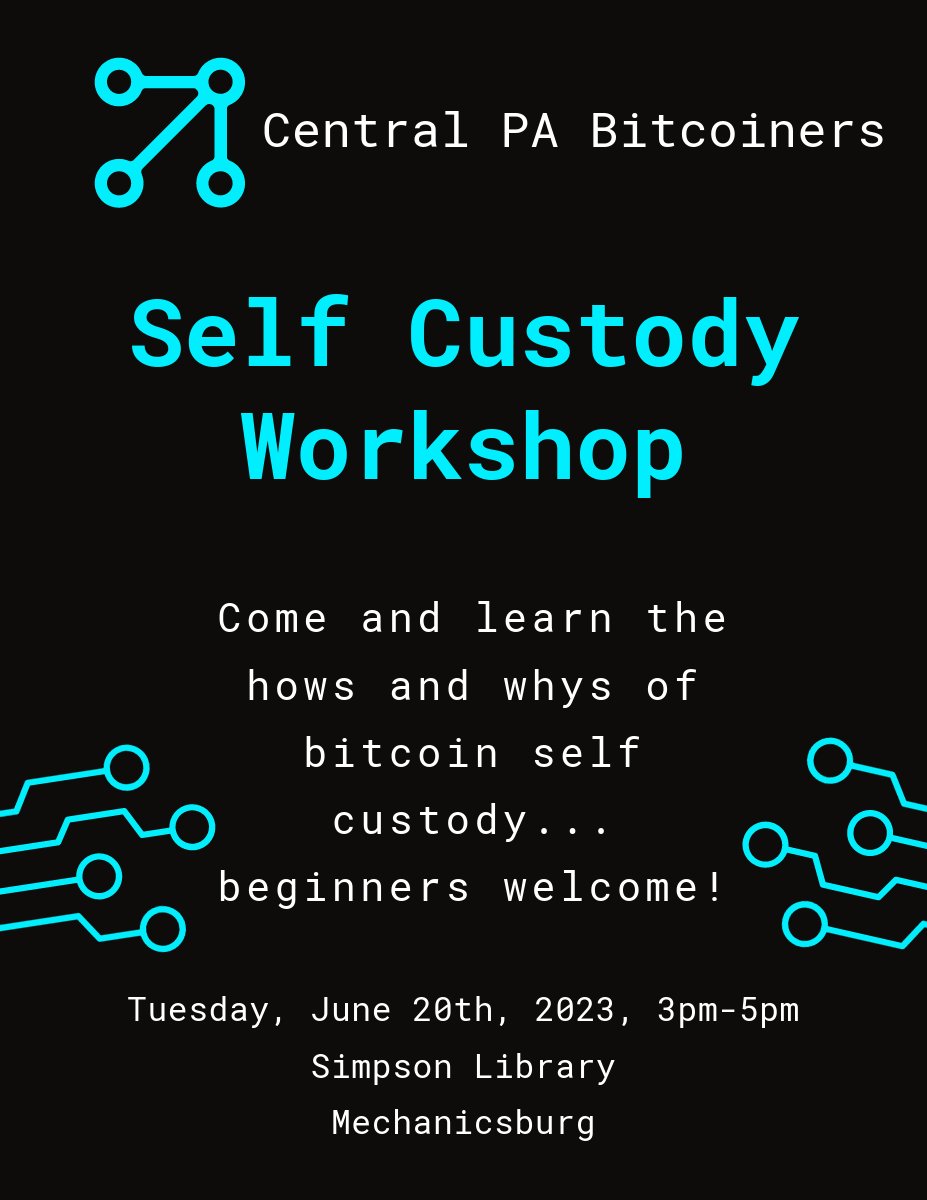 cpabitcoiner's tweet photo. Join us for a self custody workshop tomorrow!

We'll be walking through some of the how's and why's of holding your own keys.

Simpson Library in Mechanicsburg at 3pm https://t.co/tmmZgV7xwE