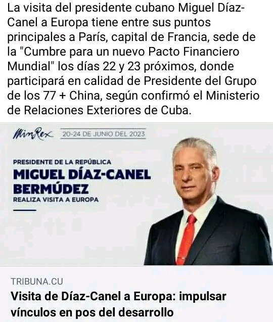 Seguro que será fructífera la visita de nuestro #Presidente a Europa en pos de nuestro desarrollo económico y social. #Cuba #CubaViveYTrabaja #MejorEsPosible <a href="/DiazCanelB/">Miguel Díaz-Canel Bermúdez</a> <a href="/DrRobertoMOjeda/">Dr. Roberto Morales Ojeda</a>