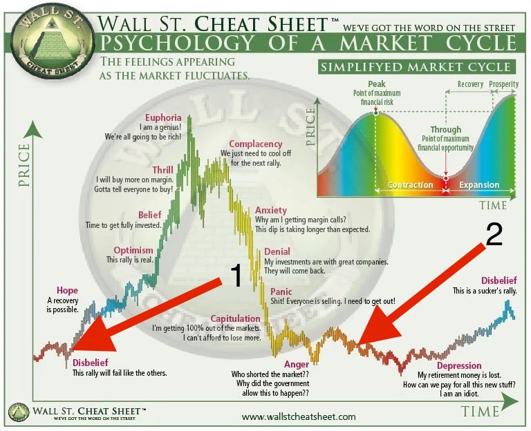 Charts4Dummies's tweet photo. The #altcoin market is very likely at one of the two points below on psychology chart. Both indicate it is the time to be accumulating, but one is closer to the next rally than the other. Hopefully we are at (1), but cant tell if I feel more depression or disbelief right now. #crypto #charts #BearMarket
