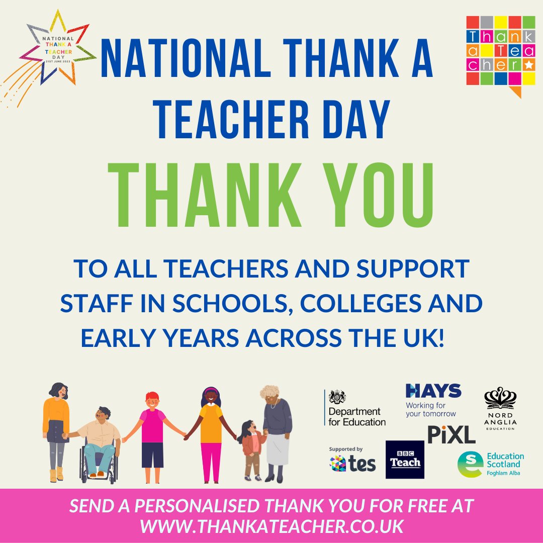 With #NationalThankATeacherDay taking place on Wednesday 21 June, why not take this opportunity to say thank you to your teachers and all the amazing people working at your school?

Send your free personalised e-card now:  ow.ly/AOlF50OHyjj