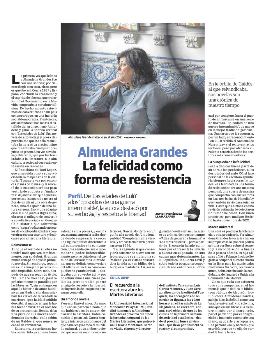 AlmudenaGrandes's tweet photo. «En la órbita de Galdós, al que reivindicaba, sus novelas son una crónica de nuestro tiempo», Javier Menéndez Llamazares en @dmontanes sobre #AlmudenaGrandes y su obra. 

Hoy se ha inaugurado en la @UIMP el curso «Almudena Grandes. El corazón y el compromiso». https://t.co/4ahtdW9fhF