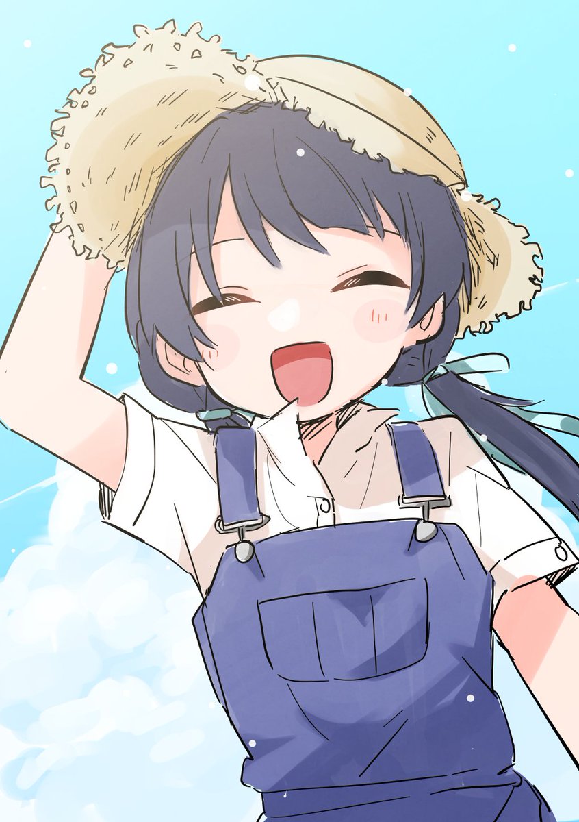 1girl solo closed eyes hat overalls twintails straw hat  illustration images