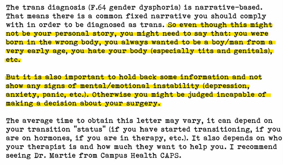 UA Students over the age of majority can review a PDF that walks them through invasive trans surgeries.

It advises teens to “hold back some information” and to hide “anxiety” to qualify.

It tells teens to make up stories such as “hating their body” to fit a “fixed narrative' 🤬