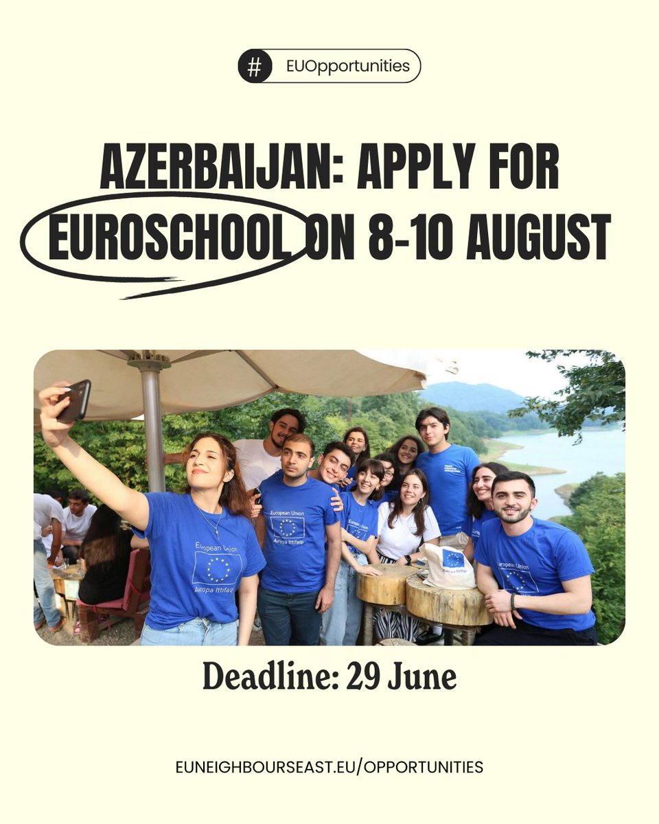 📣 Are you interested in EU, EaP &amp; 🇪🇺 EU-Azerbaijan 🇦🇿 relations? Then we have a good news for you! 🇪🇺 EU Delegation to 🇦🇿 has announced a call for applications to participate in #EuroSchool, which will take place from 8-10 August 2023! Learn more  ➡️ bit.ly/3qPl2HK