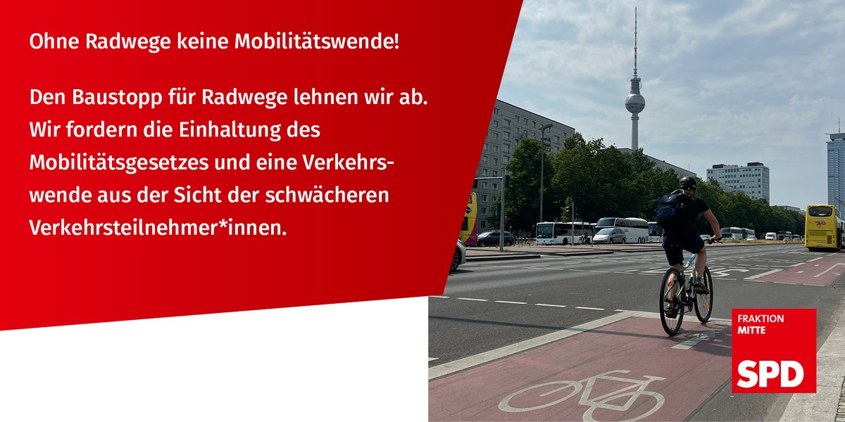 Ohne #Radwege keine #Mobilitätswende! 🚲

Wir fordern die Einhaltung des Koalitionsvertrags und lehnen einen Kulturkampf à la „Vorfahrt für Autos“ in #Mitte ab.
Zur Pressemitteilung 👇
spd-fraktion-mitte.de/meldungen/ohne…