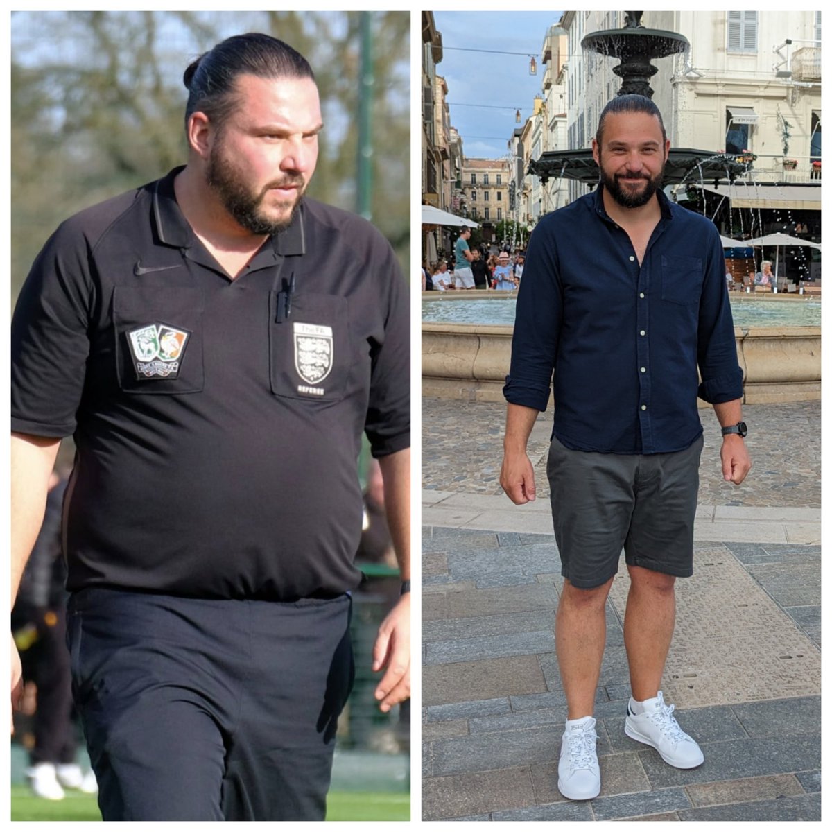 What a difference a few months of constant effort can make. On the left 134kg in February. On the right 98kg last weekend. Cannot wait for this season to start!

@andrewbatt5 need an 'after' picture in my kit next season if possible!! 

#referee
#weightlosstransformation