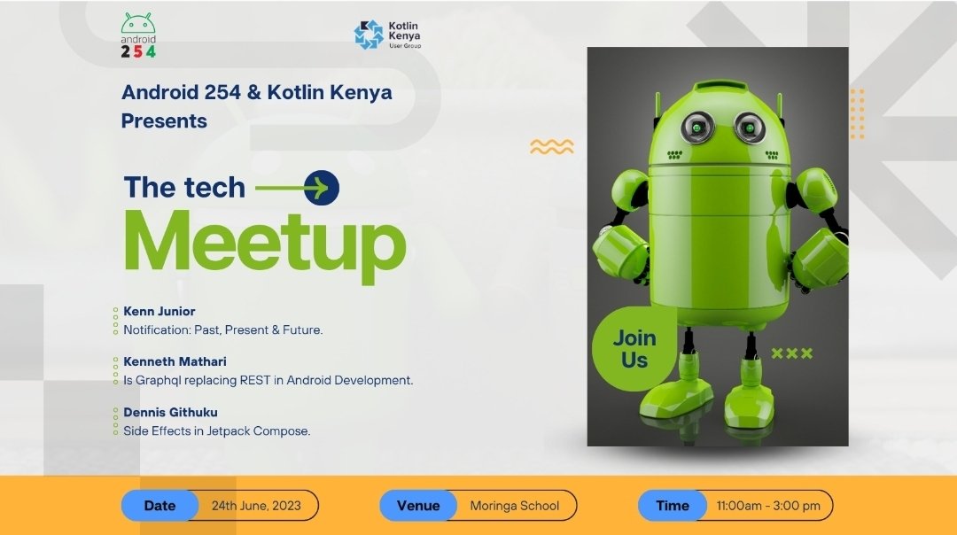 Our June meetup is coming up this Saturday the 24th at <a href="/moringaschool/">Moringa School</a> 🚀
Session lineup: 

Notifications: Past, Present and future by Kenn Junior
Is Graphql replacing REST by <a href="/KennethMathari/">Kenn</a>
Side Effects in Jetpack Compose by <a href="/denis_githuku/">Denis Githuku</a>

RSVP Link: meetup.com/android254/eve…