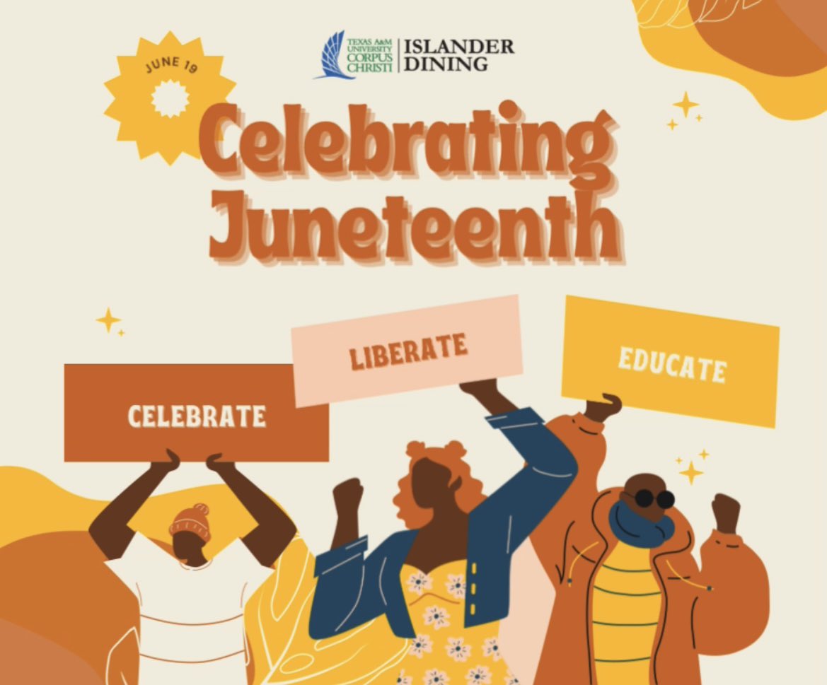 islanderdining's tweet photo. Happy Juneteenth! It's a day to celebrate freedom, reflect on the past, and strive for equality. May this day bring joy and remind us of the progress we've made while acknowledging the work that lies ahead.
•••
#TAMUCC #IslanderDining #FuelYourMomentum #Juneteenth https://t.co/bIX89vJ3bh