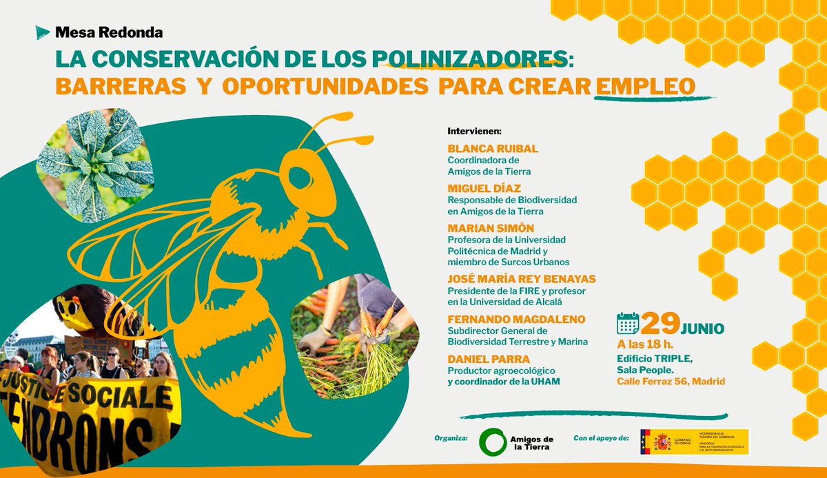 🐝Conservar los #polinizadores, es también una forma de conservar y crear empleo. Te lo contamos con las voces expertas:
<a href="/BlancaRuibal/">Blanca R.</a>
<a href="/SurcosUrbanos/">SurcosUrbanos</a>
<a href="/MDiazCarro/">Miguel Díaz-Carro</a>
<a href="/josemreybenayas/">José Mª Rey Benayas</a>
<a href="/mitecogob/">Transición Ecológica y Reto Demográfico</a>
<a href="/UAHes/">Universidad Alcalá</a>
📆jueves 29/06⏰18:00 @triple_ferraz #Madrid
tierra.org/agenda/present… #biodiverdad