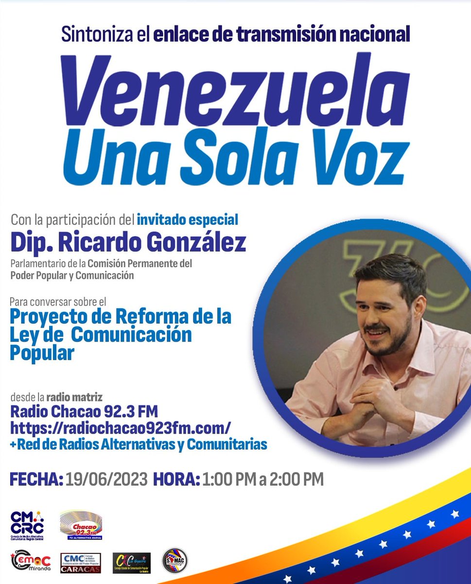 Sintoniza #Hoy #19Jun
VENEZUELA UNA SOLA VOZ🇻🇪
En Entrevista al Dip. @RicardoKonducta

Hablaremos de Comunicación Popular 

Emisora Matriz
radiochacao923fm.com
Y la red del @cemacmiranda

#MirandaUnaSolaVoz
#VenezuelaUnaSolaVoz
#ConMaduroPalante
@NicolasMaduro @dcabellor