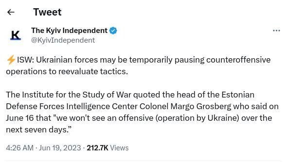 Some basic logical inference. 

A few days ago, some of us were saying that the AFU had taken enormous casualties in a botched assault. 

The Ukrainians claimed a successful attack. 

Given this news that they may need to “pause” the offensive, who was likely telling the truth?