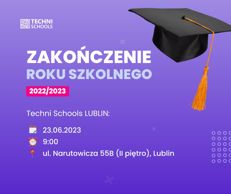 TechniSchools's tweet image. 🎓Zakończenie roku szkolnego 2022/2023 w #TechniSchools

📌 Serdecznie zapraszamy wszystkich Uczniów, Rodziców, Nauczycieli na uroczyste zakończenie roku szkolnego 2022/2023 🎉

Do zobaczenia! 👋🏻

#technikumprogramistyczne #szkoła #edukacja #zakonczenieroku