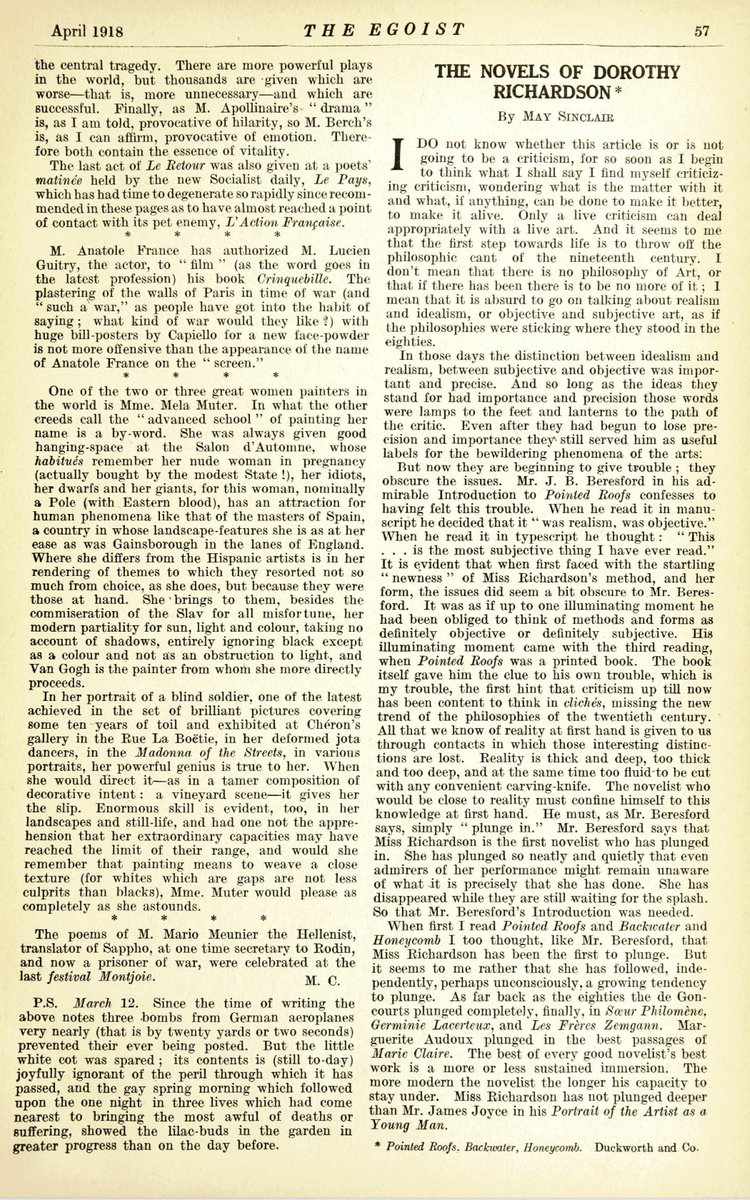 unburiedbooks's tweet image. In her review of Dorothy Richardson’s Pilgrimage, May Sinclair became the first to use the phrase “stream of consciousness” to describe a work of literature. 

Beyond its historical value, the piece truly holds up.
