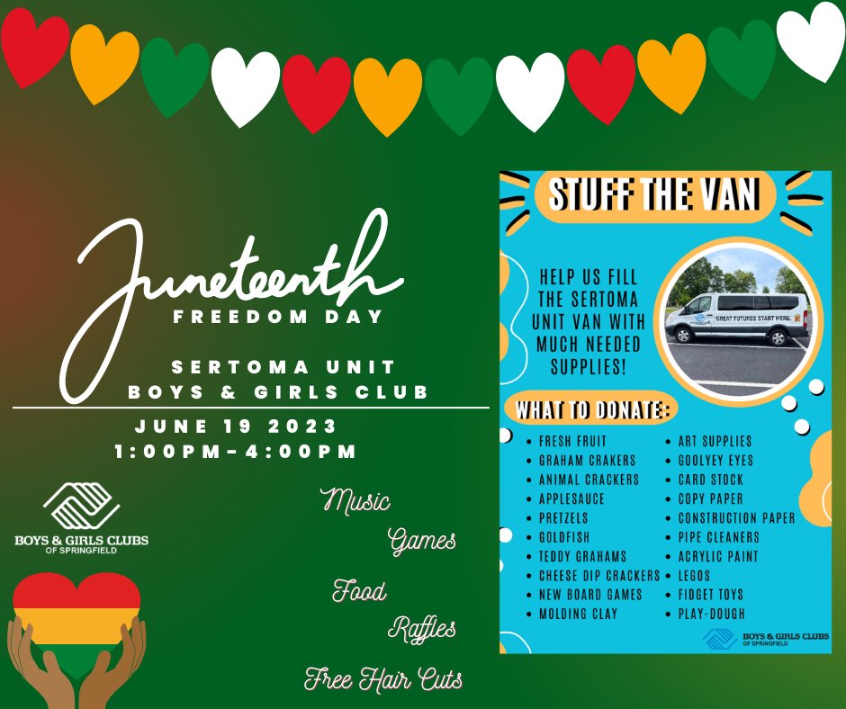Happy Juneteenth! Today members at the unit will be celebrating the holiday with a variety of fun activities! Be sure to stop by our Sertoma Unit to drop off some much-needed items, ranging from crackers and small snacks to art and craft supplies!