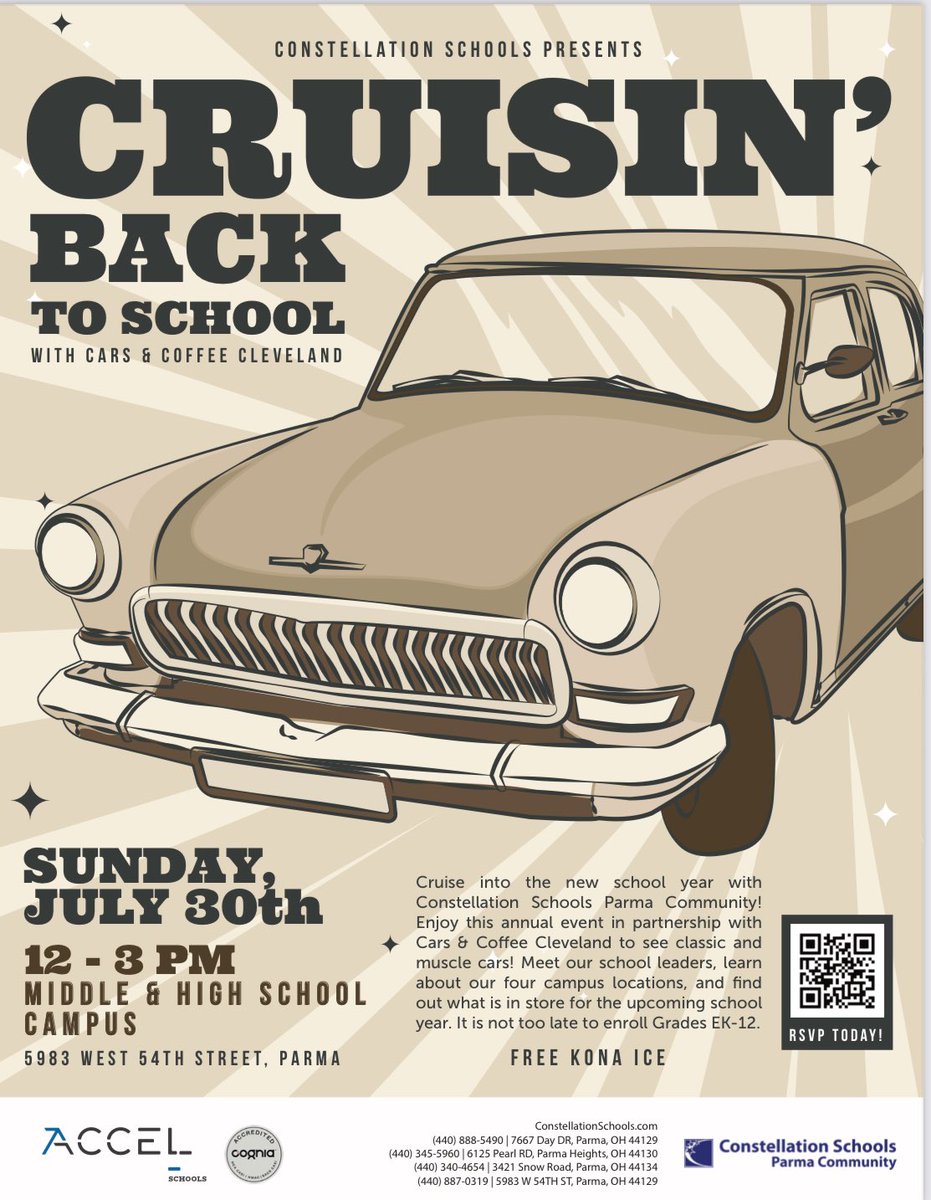 ParmaComMHS's tweet photo. Hey You Car Enthusiasts!!!! SAVE THE DATE for our @ConstellationOH 2nd Annual Cruisin' Back to School Event later in July. Print and save the attached flier. https://t.co/BzQEINRjOx https://t.co/wUnCXQJ0LD