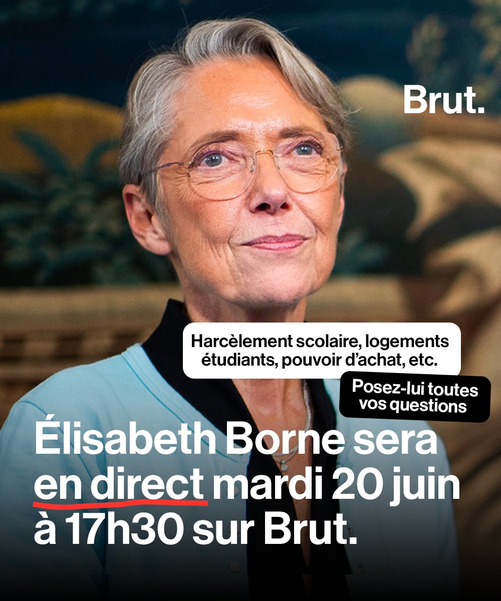 🔴 En exclusivité sur Brut, la Première ministre <a href="/Elisabeth_Borne/">Élisabeth BORNE</a> présente la feuille de route du gouvernement pour la jeunesse.
Elle répondra à vos questions et à celles de <a href="/RemyBuisine/">Remy Buisine</a> et <a href="/Canelle_Sab/">Canelle Sab</a>.
Rendez-vous en direct, le mardi 20 juin à 17h30 sur Brut.