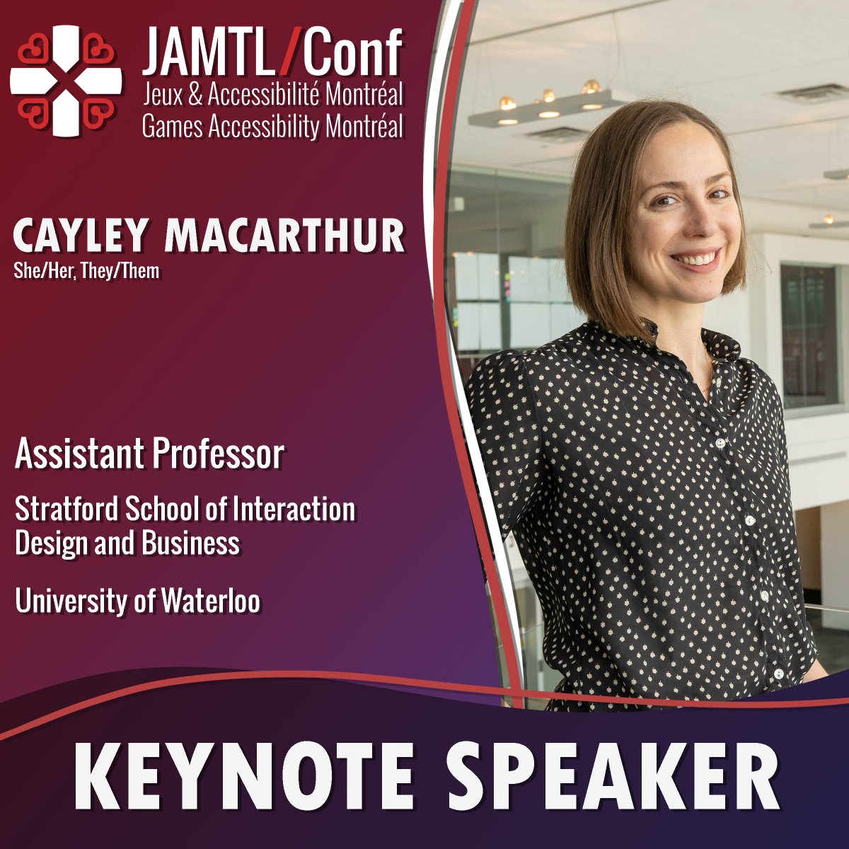Keynote speaker alert! We are pleased to announce Cayley MacArthur @caylery from @uwstratford as guest of honor for the @JAMTLConf. Dr. MacArthur will discuss game accessibility from an equity-centered approach on HCI, design, and UX. Interested? Register freely on Eventbrite.