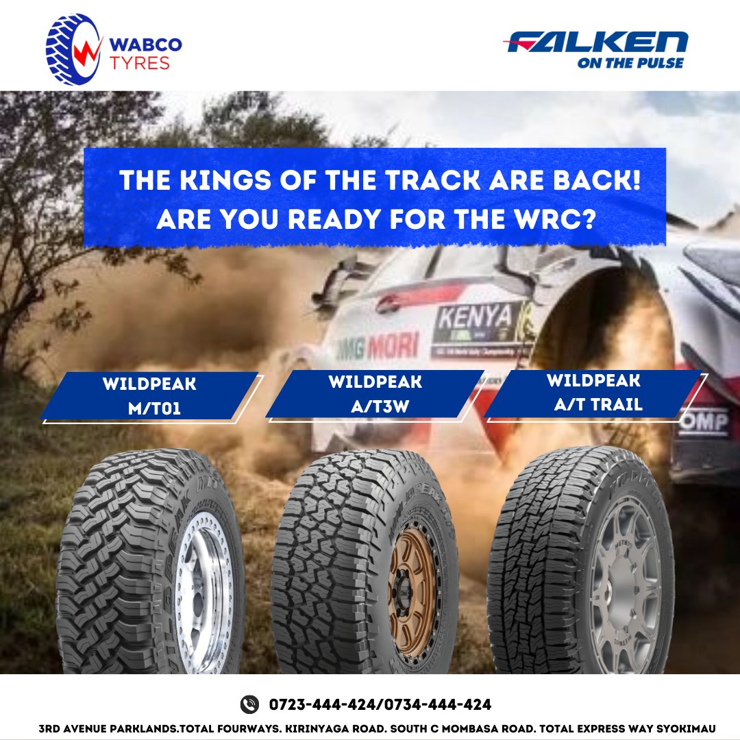 Dust, Dirt and Falken Tyres.
The Kings of the track are back!

Visit Wabco Tyres and get ready for the World Rally Championship.

#Wabcotyres #Falkentyres #Falkenkenya #Tyres #Wildpeak #AT3W #ATTRAIL #Mudterrain #Offroad #WRC #safarirally2023 #thekingsofthetrack