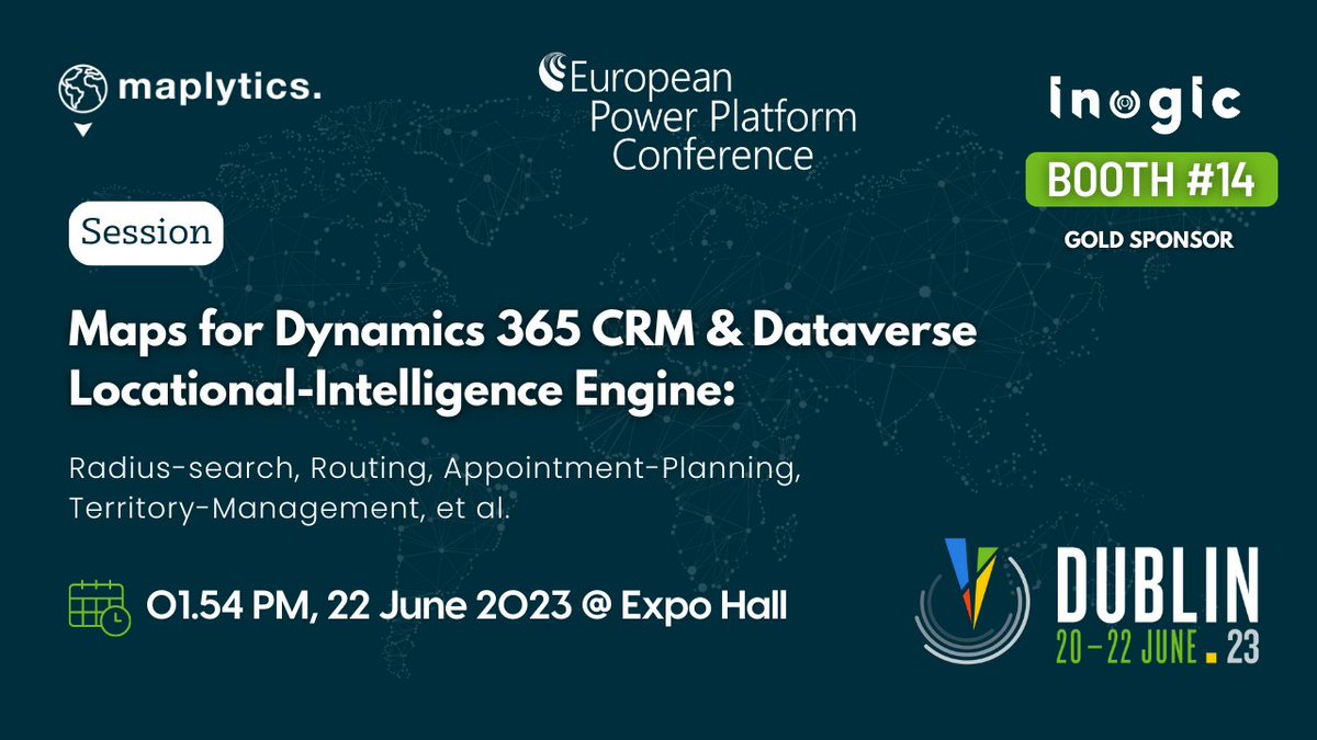 Join us @EuropeanPPC 21-22 June for a session on #Maps for #MSDyn365 & #Dataverse 
Discover @Maplytics, the flagship solution by @Inogic & dive into the world of #Radiussearch, #Routing, #AppointmentPlanning, #TerritoryManagement & more within #Dyn365CRM!

#EPPC23 #PowerPlatform