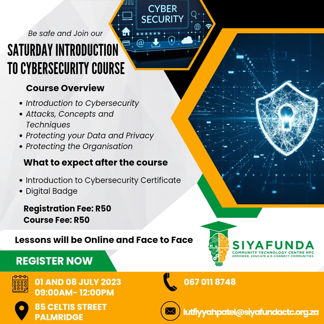 Secure your online presence and secure your future 🔌
Register below and join our weekend course, you dont want to miss it 😏

docs.google.com/forms/d/e/1FAI…

#SiyafundaCTC 
#TechEnthusiasts 
#besafeonline 
#Cybersecurity 
#CyberMonday