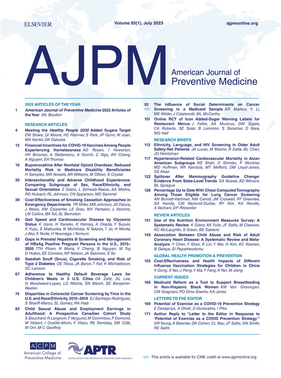 AmJPrevMed's tweet photo. Our July 2023 issue is out now! View the full table of contents at https://t.co/dnUWxiZfA4. https://t.co/epqEN9TBRP