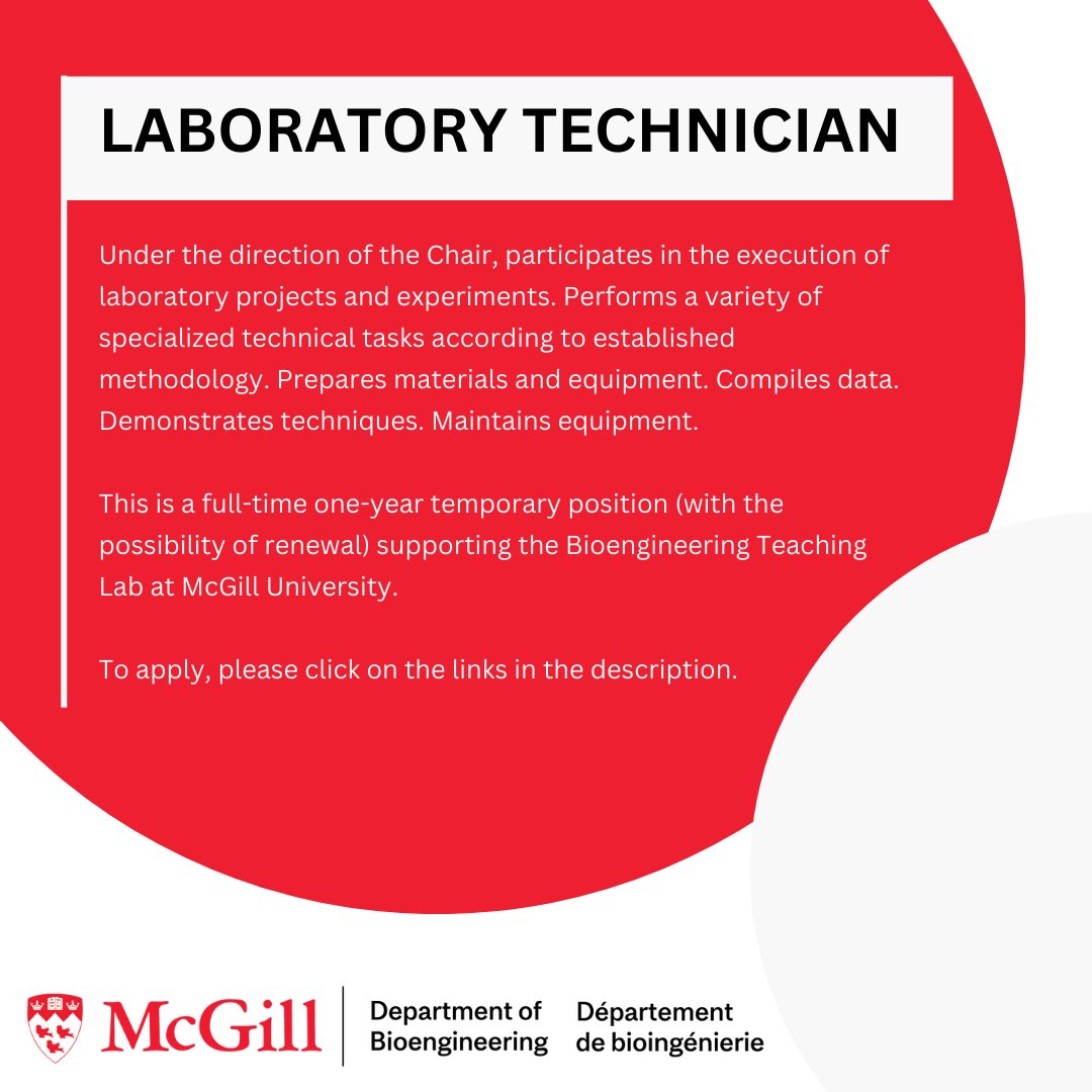 The Department of #Bioengineering is seeking a Laboratory Technician. To apply, please visit our website at: mcgill.ca/bioengineering…

Position number: JR0000042673

*Please note that the last day to apply is Tuesday, July 4th.