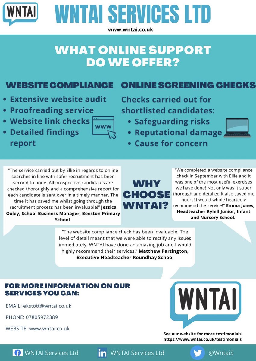 We offer many different services at WNTAI Services LTD. 

Take a look at the online services that we currently offer to schools, trusts and organisations. 

See the flyer below for more information and contact details: 

#saferrecruitment #kcsie