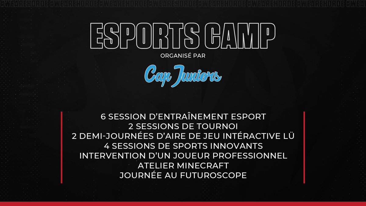 🎮En partenariat avec <a href="/Cap_Juniors/">Cap Juniors colonies</a>, nous animerons un stage d'été esport pour tous les jeunes de 12 à 17 ans !

C'est l'occasion pour les jeunes de découvrir la pratique compétitive avec nos animateurs qualifiés ! 🙌
 
👉🏼 N’hésitez plus pour réserver : capjuniors.com/esports-camp