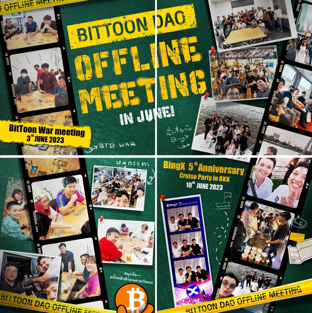 BitToonDAO's tweet photo. Throughout the June, #BitToonDAO had a lot of meetings:

🔥“BitToon War Meeting” - testing "BitToon War" physical card game, planned to release in physical and online versions soon.

🎉"BingX 5th Anniversary Cruise Party in BKK 2023" - hosted by BingX

#BitToonWar #BitToonMeeting https://t.co/ILFnfvLpZy