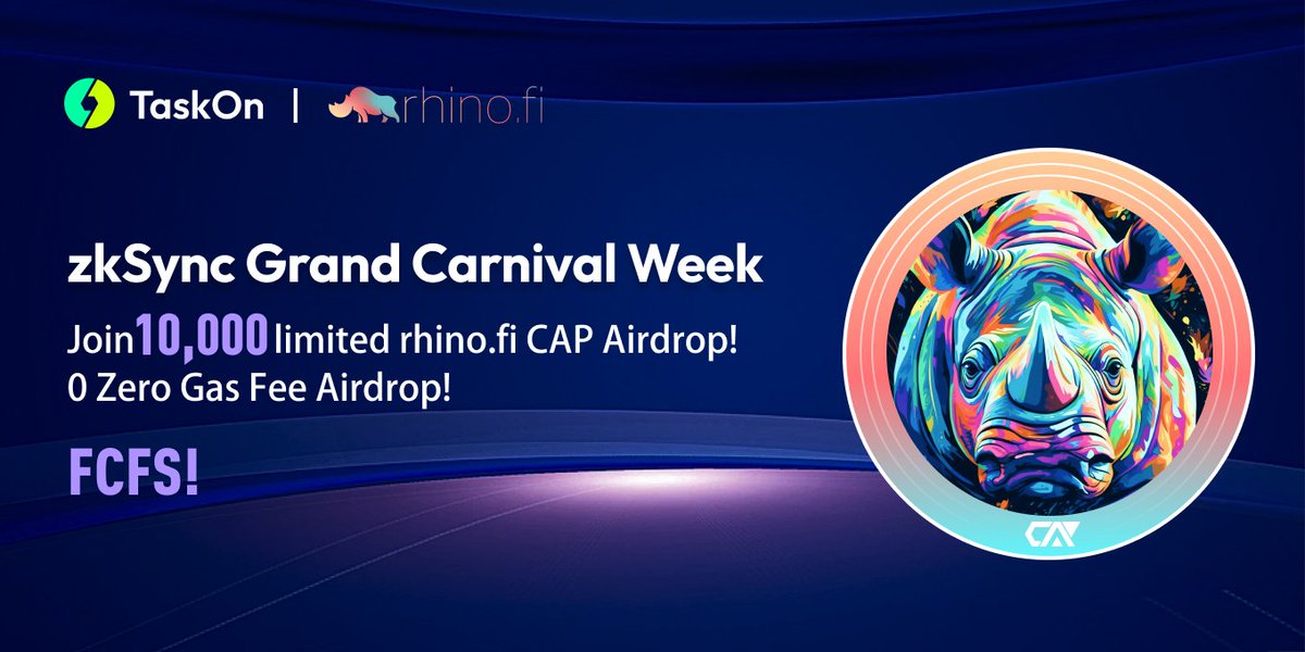 rhino.fi (@rhinofi) on Twitter photo Round 5 of #zkSync Grand Carnival Week is here with <a href="/taskonxyz/">TaskOn | Ultimate Web3 Community Growth Platform</a>, and it's a scorcher! 🔥
Dive in now for your chance to claim rare #NFT rewards and snatch up one of 10,000 limited #CAPs 👇
taskon.xyz/campaign/detai… Round 5 of #zkSync Grand Carnival Week is here with <a href="/taskonxyz/">TaskOn | Ultimate Web3 Community Growth Platform</a>, and it's a scorcher! 🔥
Dive in now for your chance to claim rare #NFT rewards and snatch up one of 10,000 limited #CAPs 👇
taskon.xyz/campaign/detai…