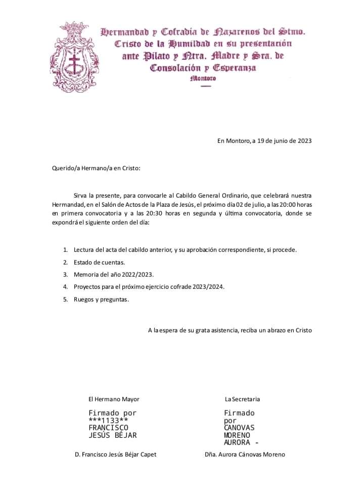 HumildadMontoro's tweet photo. Desde la Junta de Gobierno de nuestra Hermandad invitamos a todos los hermanos a que asistan al Cabildo General Ordinario el próximo Domingo 2 de Julio de 2023.
- SALÓN DE ACTOS DE JESÚS -
20:00H en PRIMERA CONVOCATORIA.
20:30H en SEGUNDA CONVOCATORIA.
#HumildadMontoro https://t.co/ORQik2xXgg