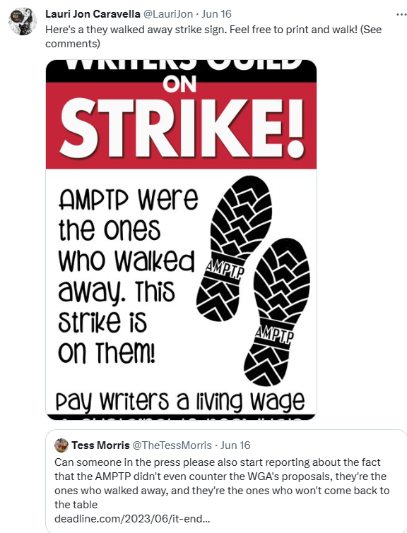 BogeyGuyC's tweet photo. Hi ya Hollywood. Week 8 of the WGA strike for a fair deal. The Apple exec interview posted on social media fired some people up. I imagine the picket lines will be LIT. Here's a vibe from @LauriJon on this Monday. To all the insiders on the #WriteSide, we see you! https://t.co/Sccg6RfL3z