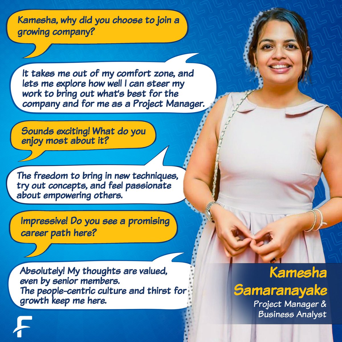 FcodeLabsLive's tweet image. Embrace the Thrill of Growth!
Meet Kamesha Samaranayake as she fearlessly trades a well-reputed software company for the excitement of a growing startup.
Join her journey of limitless possibilities and a people-centric culture.
#FcodeLabs #LifeatFcode #TechTales #TechTalesSeries
