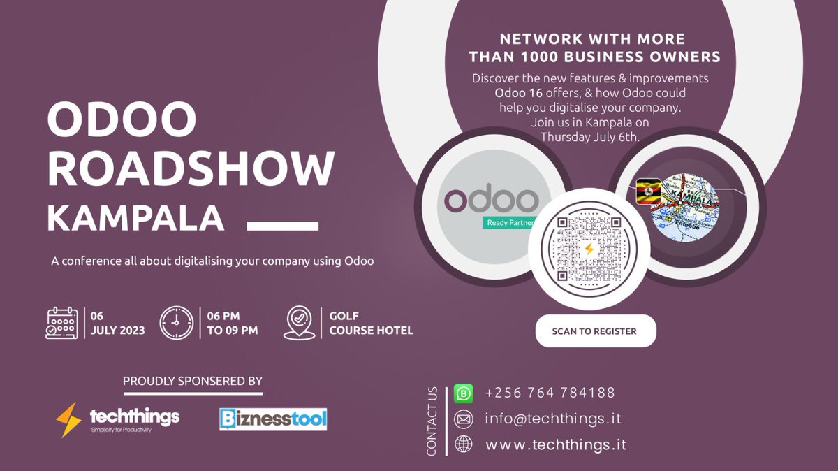 BiznessTool's tweet image. Join us at the Odoo Roadshow in Kampala on Thursday , July 6th! Unleash the potential of Odoo 16, revolutionize your company, &amp;amp; embrace digital transformation. Don&apos;t miss out on interactive demos, expert insights, &amp;amp; networking opportunities. Register now odoo.com/event/odoo-roa…