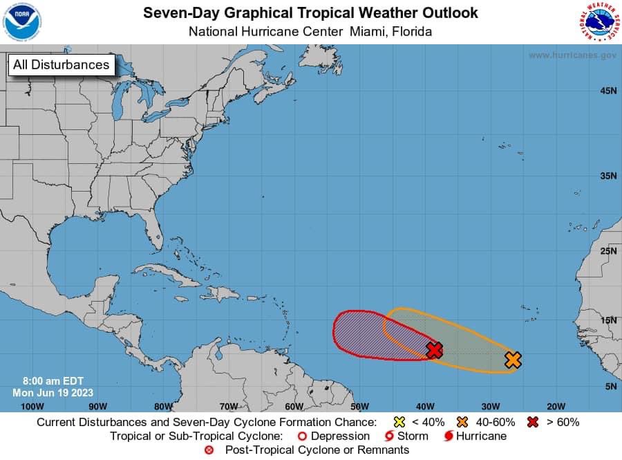 LiliCamposM's tweet photo. Mantenemos vigilancia sobre la evolución de dos zonas de baja presión en el océano Atlántico: 
La zona #1 de baja presión ubicada aproximadamente a 5,270 km al este de las costas de Quintana Roo, incrementó a 100% de probabilidad para desarrollo ciclónico en 48 horas y en 7 días. https://t.co/dfnj0yf5sv