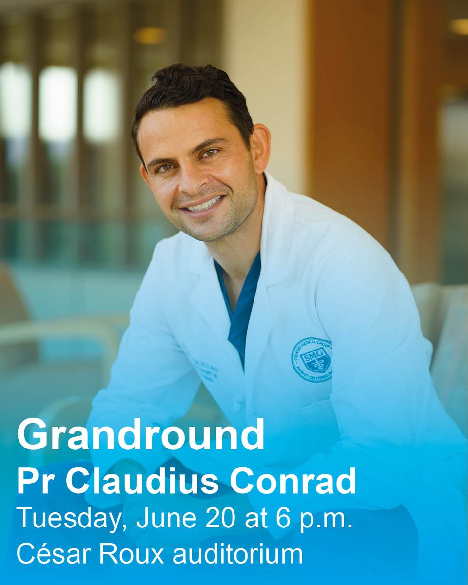 🔔Remember - Grandround
📅Tomorrow, June 20
🕕From 6:00pm to 7:00pm
📍 César Roux auditorium

For the end of the 1st semester, Pr <a href="/ClaudiusConrad/">Claudius Conrad</a>  joins us from 🇺🇸, to talk about minimally invasive pancreas surgery and music in medicine.
<a href="/ProfDemartines/">Nicolas Demartines</a> <a href="/CHUVLausanne/">CHUV / Centre hospitalier universitaire vaudois</a>