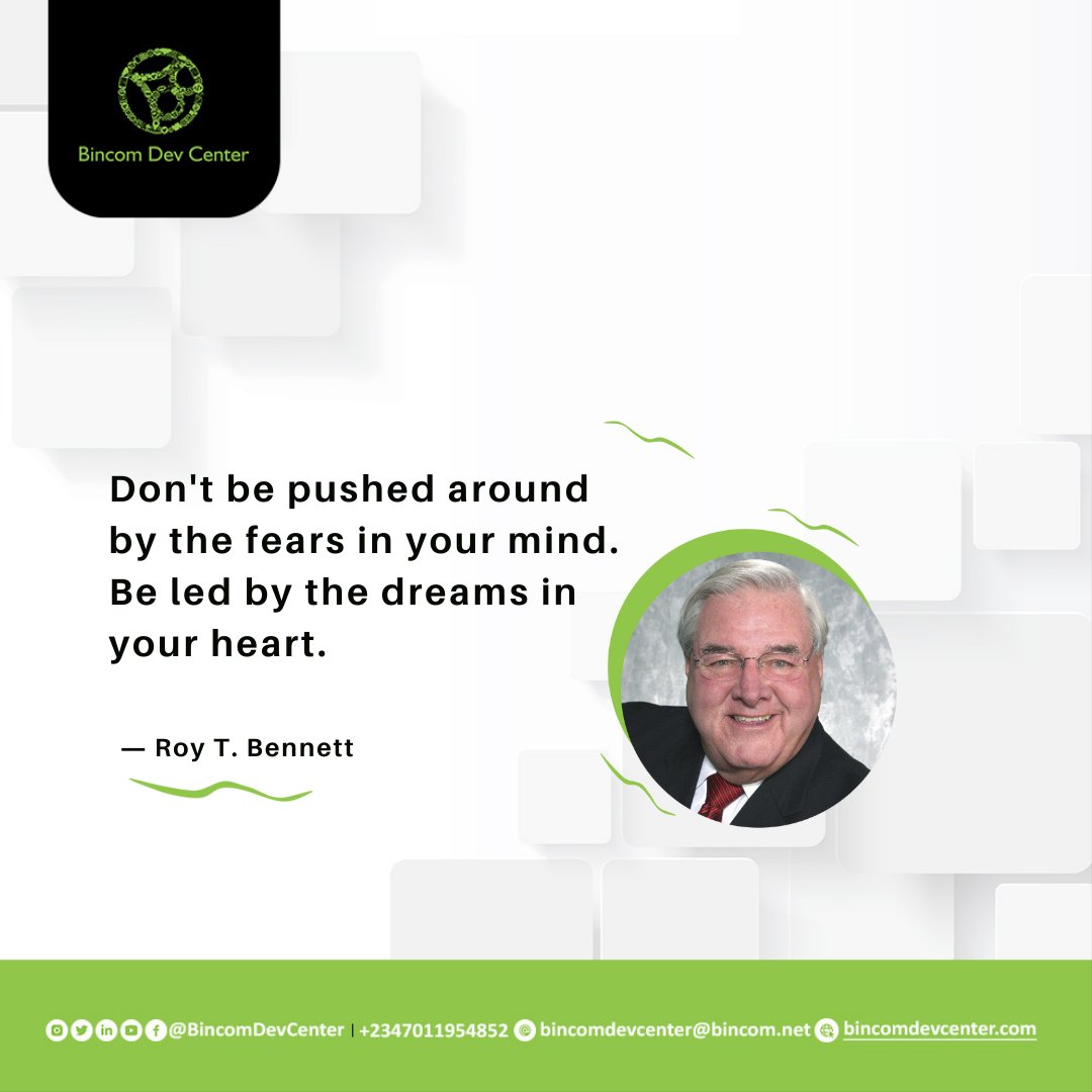 BincomDevcenter's tweet photo. “Don't be pushed around by the fears in your mind. Be led by the dreams in your heart.”
― Roy T. Bennett

#motivationmonday 
#motivationalmonday #motivationalquotes https://t.co/1ti15xJlkW