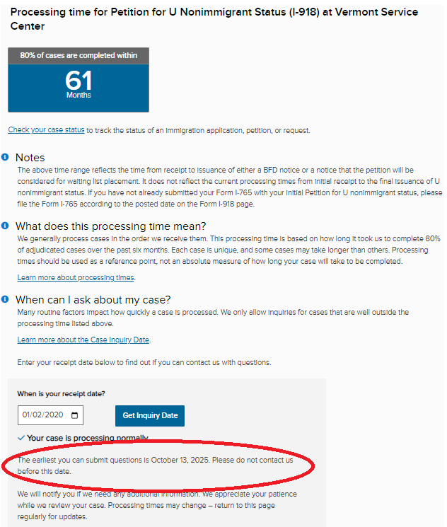 UPDATE: Two years after the creation of the bona fide determination for U visa applications, created to more quickly get qualifying victims of crime work authorization, USCIS is now posting a 61 month processing time.