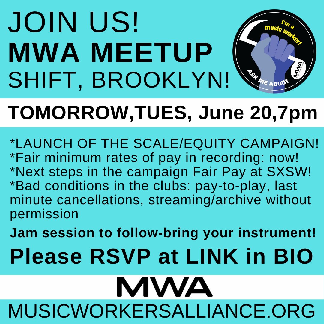 Working musicians in NYC: Join our @Musicworkers meetup TOMORROW, Tuesday 6/20, 7pm!
Please RSVP if you are planning to attend: 
tinyurl.com/mwajune202023
***Jam session to follow—bring your instrument!***