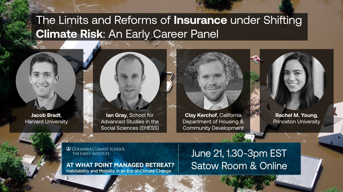hk_friedrich's tweet photo. Attending At What Point this week @columbiaclimate? Come check out a session I'm co-convening featuring an amazing lineup of early-ish researchers and a CA state employee working on limits and reforms around the hop topic of INSURANCE. With @alexsaunderstwt + Emmalina Glinskis. https://t.co/SSnccNpRW6