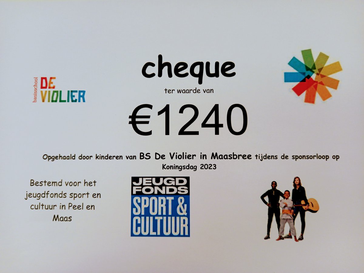 Vandaag een hele mooie cheque mogen ontvangen. De leerlingen van BS De Violier uit Maasbree hebben tijdens een sponsorloop het mooie bedrag van € 1240,- bij elkaar gerend🏃‍♀️ Wat een super prestatie💪Bedankt voor deze donatie ⚽️🎨🏓🎻#jeugdfondssportencultuur <a href="/gempeelenmaas/">gemeente peelenmaas</a>