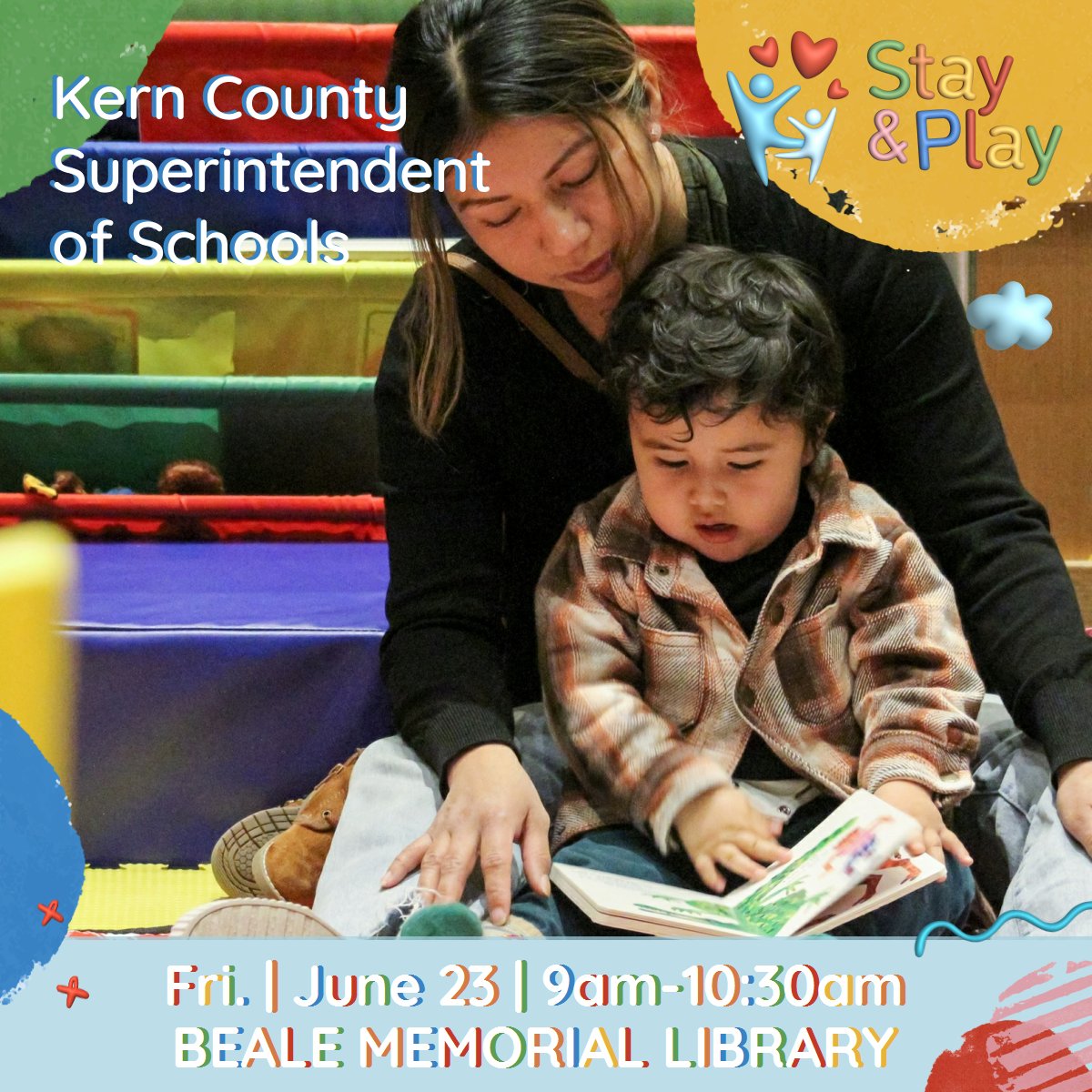 Join us this Friday, June 23rd for a Stay & Play session at Beale Memorial Library 9am-10:30am! Kern County Superintendent of Schools will join us to discuss Medi-Cal. Enjoy a storytime, snacks, and play time. #stayandplay