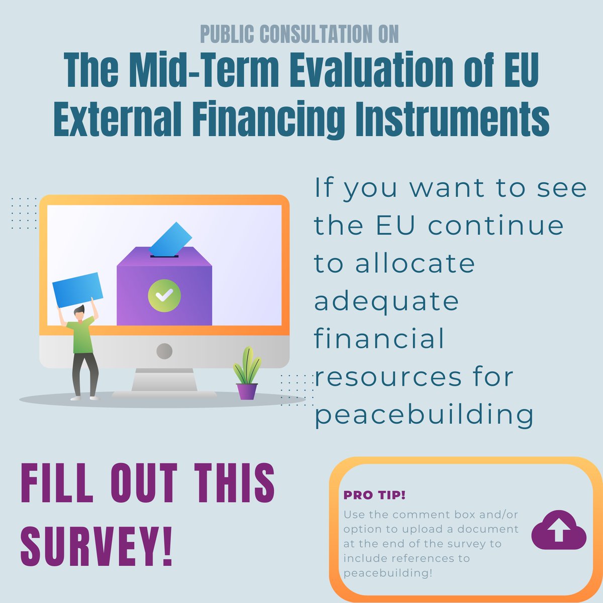 🗳️Participate in the EU's evaluation of its external financing instruments! Use the comment box or upload a document to highlight the need for adequate resource allocation towards peacebuilding. Deadline: June 23, midnight (CEST).  Anyone can contribute! ec.europa.eu/info/law/bette…