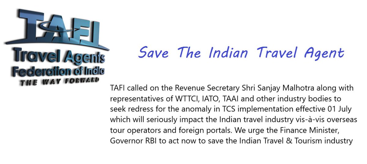 #NirmalaSitharaman #tourism #tcs #nitiaayog 
As we move toward implementation of the TCS new guidelines, We at TAFI fervently hope that the points discussed will be heeded and acted upon. Let better sense prevail.