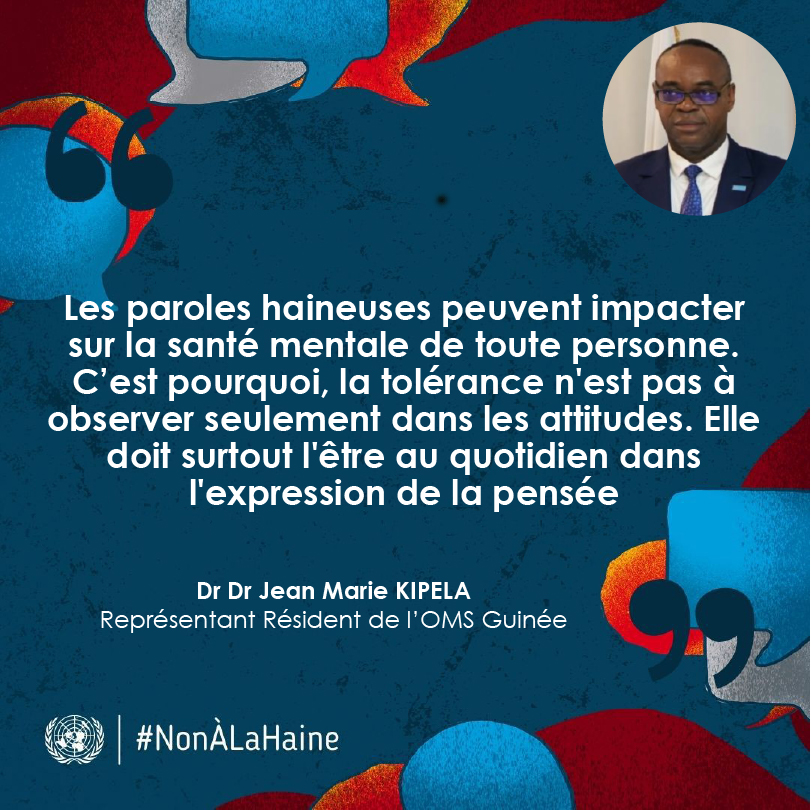 OnuGuinee's tweet photo. "Les paroles haineuses peuvent impacter sur la santé mentale de toute personne. C’est pourquoi, la tolérance n'est pas à observer seulement dans les attitudes..."

Dr Jean Marie KIPELA, Représentant @guinee_oms dans le cadre de la campagne #NonÀlaHaine de l'équipe pays @OnuGuinee https://t.co/I9fNw4aZ6w