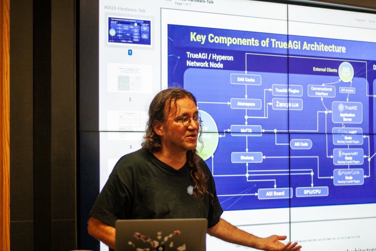 CEO Ben Goertzel speaking about the Metagraph Pattern Matching Chip (MPMC) we are co-developing with @SimuliInc at the 16th AGI Conference: 'The key operation that you need to optimize to make OpenCog-based AI fast is pattern matching on metagraphs.' #AGI23